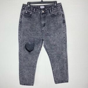 Tal Clothing Acid Wash Black High Rise Cropped Jeans W Heart Cutout 31